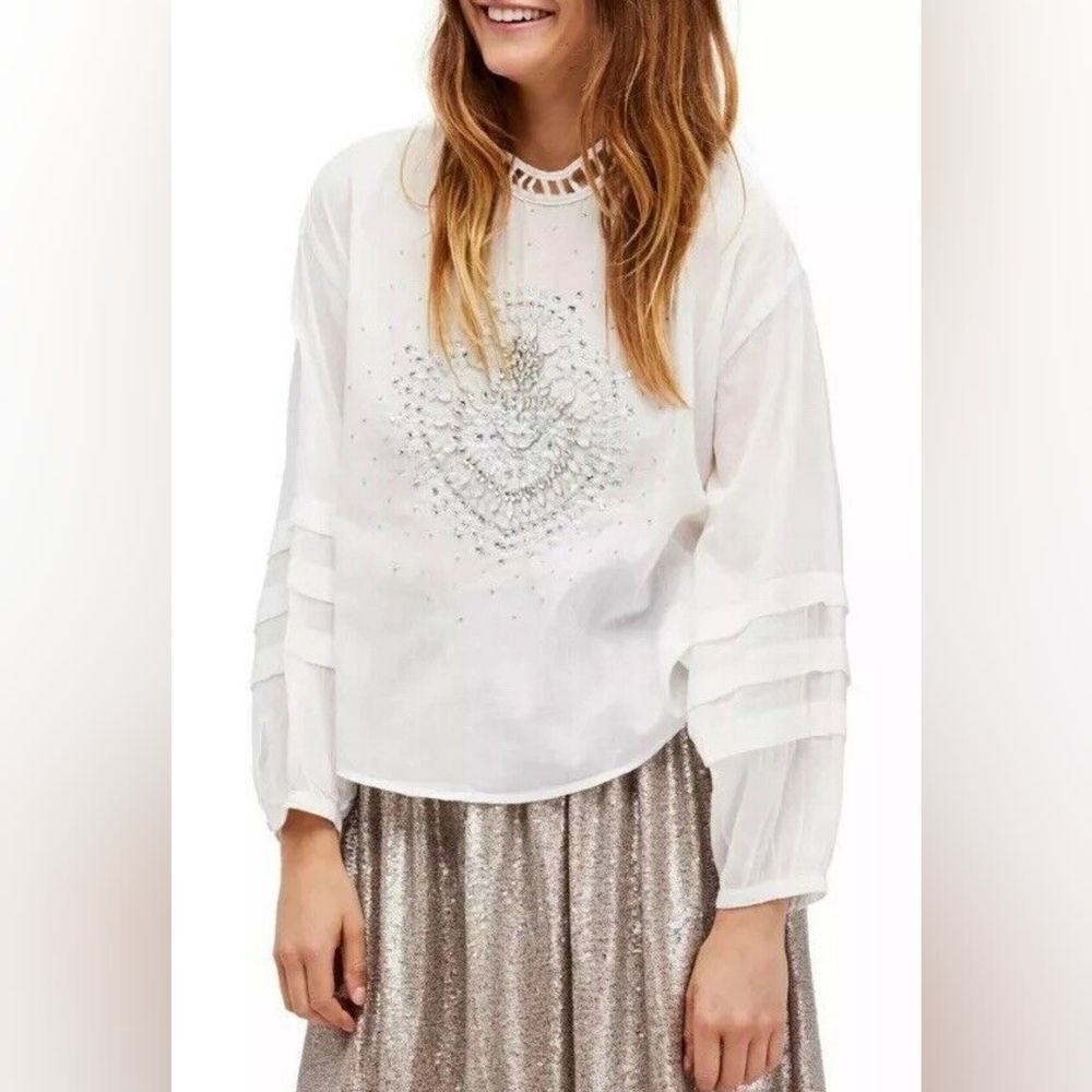 Free People Heart of Gold Embellished Beaded Blouse Size S - Picture 3 of 12